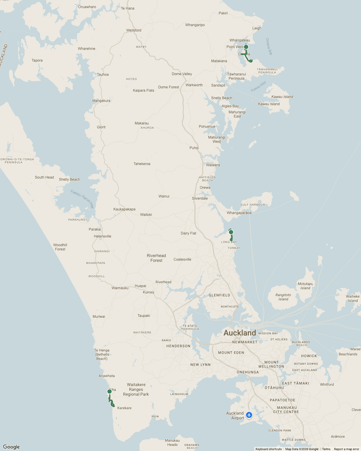 The Hīkoi map, showing three walks around Auckland